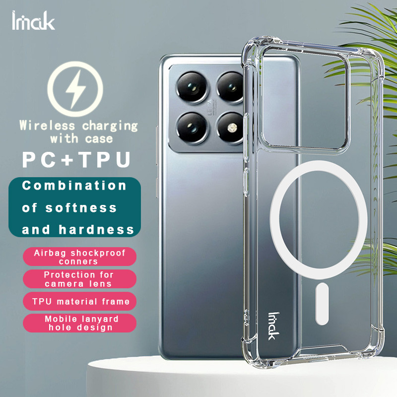 Original Imak Xiaomi 14T Pro / 14T 5G ปลอกกันกระแทกแม่เหล็กชาร์จไร้สาย Clear Soft TPU กรอบ + Hard PC กลับกรณีถุงลมนิรภัยมุมพร้อมเชือกเส้นเล็กรู