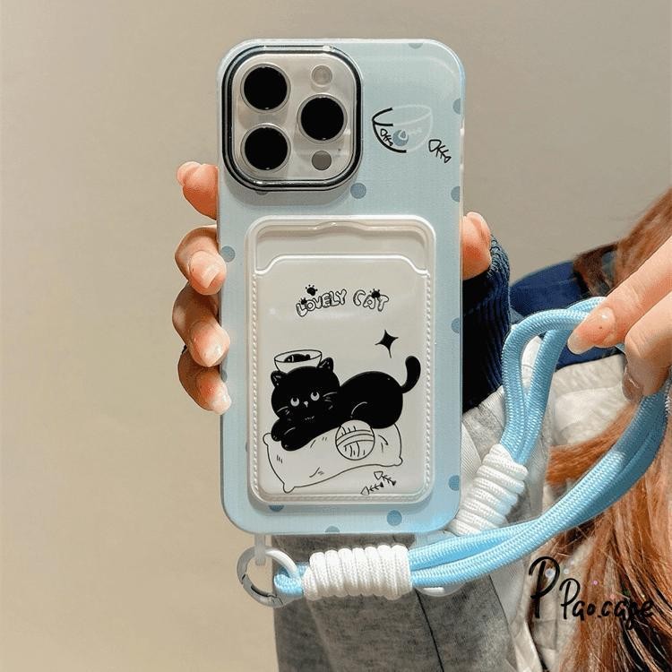 ลูกแมวสีดำน่ารักเข้ากันได้กับเคสไอโฟน 16 11 13 15 XR 14 12 Pro Max 7 8 Plus X XS Max SE ดาวน้อยเชือกกระเป๋าสตางค์บัตรเคส