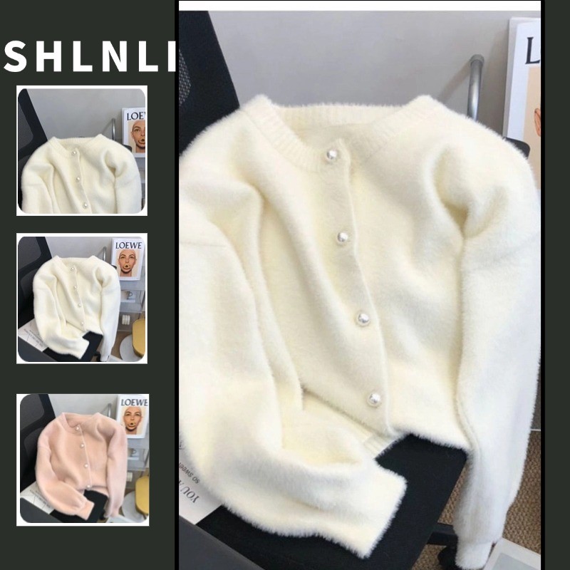 ฤดูใบไม้ผลิและฤดูใบไม้ร่วงเสื้อผ้าสตรีเลียนแบบขนมิงค์กึ่งคอสูงแขนยาวถักเสื้อกันหนาวสไตล์น่ารักหลวมสบายๆปุ่มด้านบน