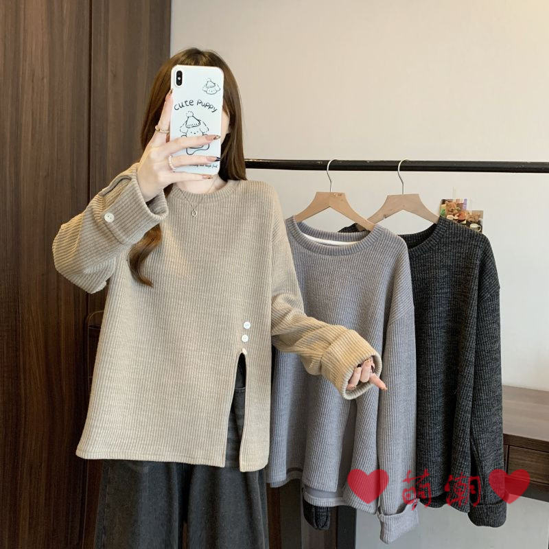 เสื้อยืดแขนยาวขนาดใหญ่ Textured Pit ลายด้านบนแยกแขนยาวผู้หญิง 2024 ฤดูใบไม้ร่วงหลวม Slimmer ดูแฟชั่น Bottoming เสื้อผู้หญิง Slimmer ดู Bottoming เสื้อผู้หญิงเสื้อผ้า