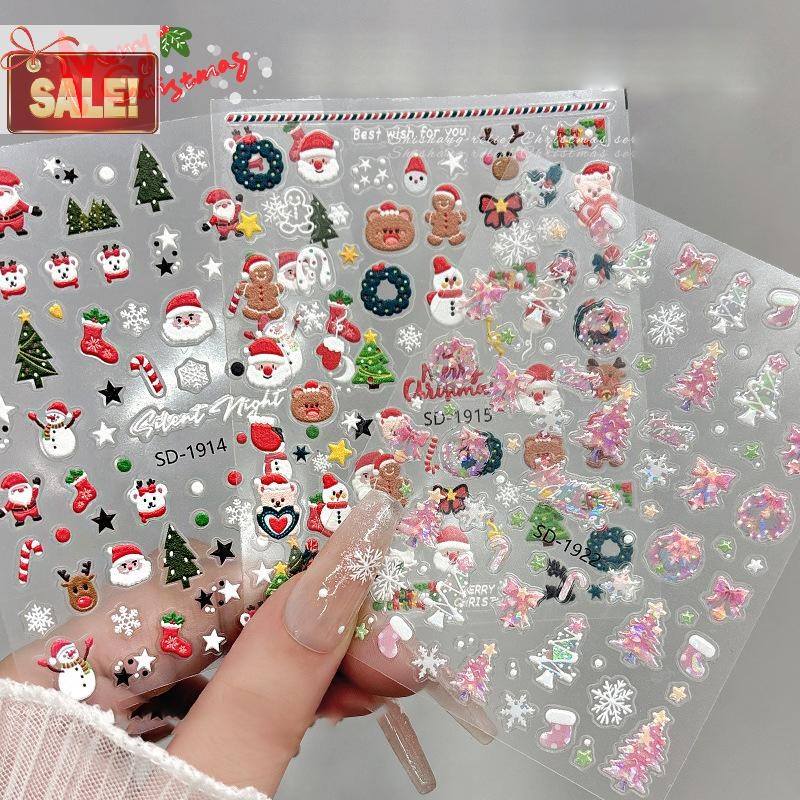 Bl สติ๊กเกอร์ติดเล็บคริสต์มาส 3D บรรเทาฤดูหนาว Snowflake Bear สติ๊กเกอร์ติดเล็บสําหรับผู้หญิงและสาว Santa Claus สติ๊กเกอร์ติดเล็บ Art Decorstion A