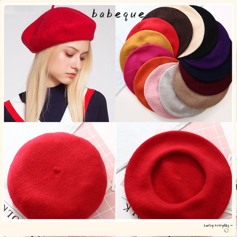 Babeque หมวกขนสัตว์ Beret สีทึบ Baggy ฤดูหนาว Warm Felt Berets