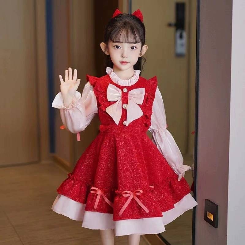 (พร้อมส่ง) ชุดใส่คริสมาสเด็กหญิงสีเเดงผ้ากำมะยี่ไม่คันเเขนผ้าร่มเดรสเเต่งโบว์งานสวยมาก