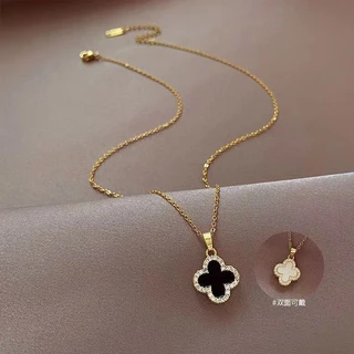 โชคดีสี่ใบโคลเวอร์สร้อยคอเหล็กไทเทเนียม/ต่างหูหญิงสีดําสีขาวสองด้านคลาสสิกแฟชั่นสูท