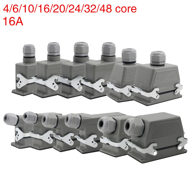 สี่เหลี่ยม Heavy Duty Connector HDC-HE-4/6/10/16/20/24/32/48 Core 16A 500V กันน้ําและกันฝุ่นปลั๊กการบินซ็อกเก็ต