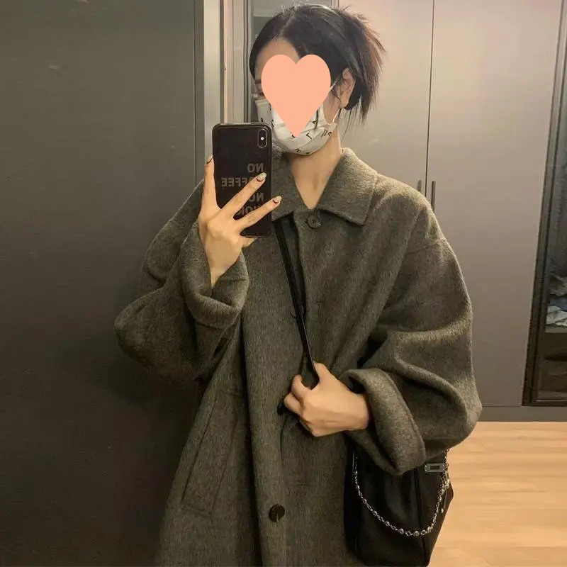 Lapel SINGLE ROW BUCKLE Crossbody Pocket Women's All-Matching woolen Coat