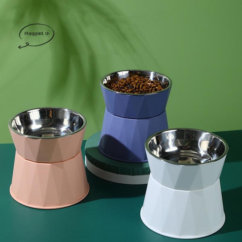 Maggiel ลื่น Crash Elevated แมวชามสุนัขยกสแตนเลสชามอาหารแมว Safeguard คอ Puppy Cat Feeding Supplies TH