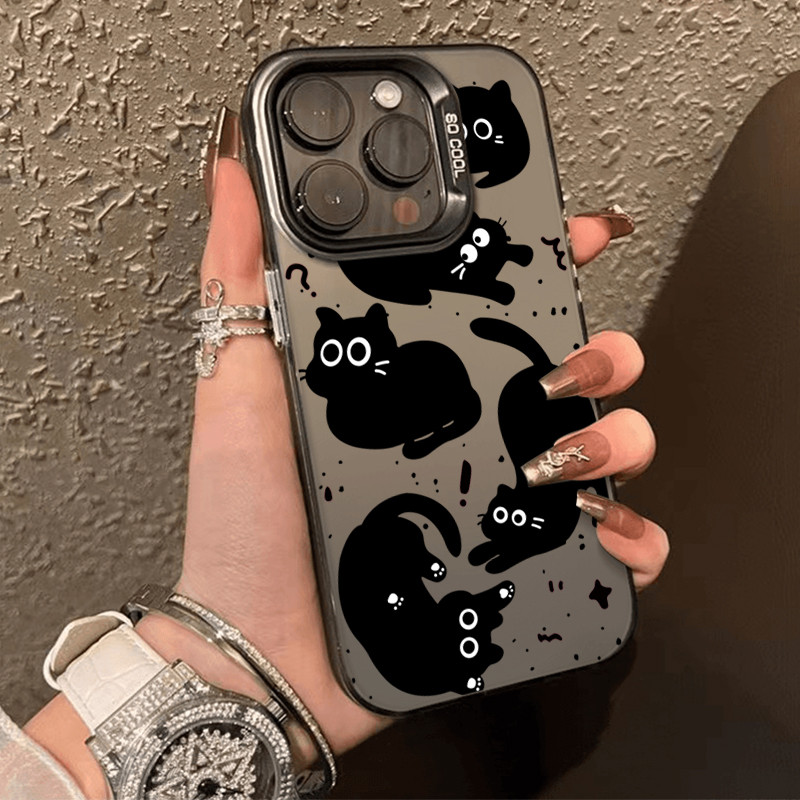 โลหะชุบโลหะด้วยไฟฟ้า ไอโฟนหมีสีชมพูfor 11 iPhone 12 13 14 15Pro MAX X XS XR 7 8Plus5 แมวดำเล็กๆน้อยๆ