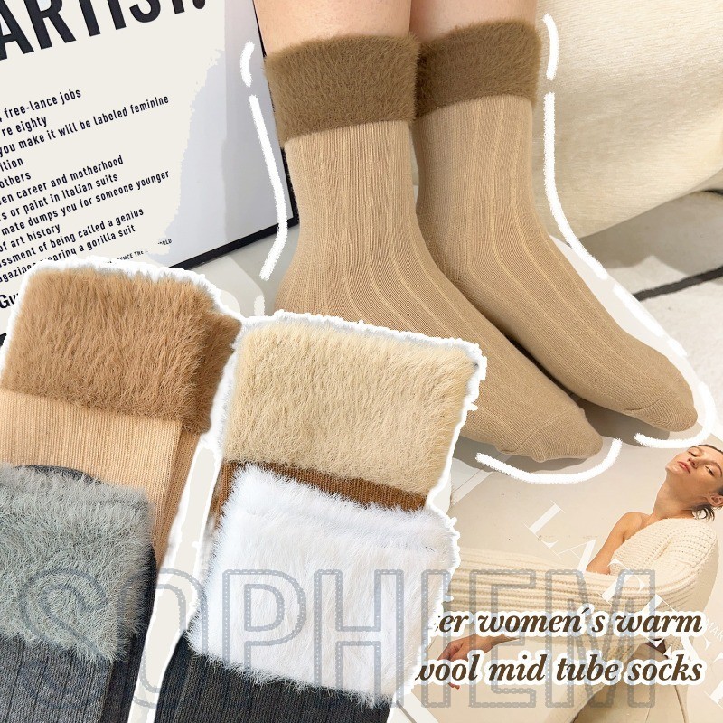 ขนสัตว์สีทึบถุงเท้าหลอดกลาง-สบายนุ่มระบายอากาศ-แฟชั่นสบายๆอเนกประสงค์-สําหรับผู้หญิงสาว-ฤดูใบไม้ร่วงฤดูหนาวข้นตุ๊กตาถุงเท้า