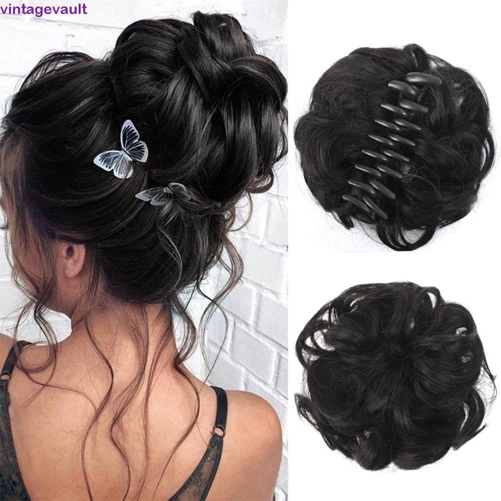 Vintagevault Messy Curly Hair Bun, ปลอมผมหยักชิ้นผมสังเคราะห์ Chignon, Fluffy Brown Scrunchie ผม Extensions Claw คลิป Bun ผู้หญิง