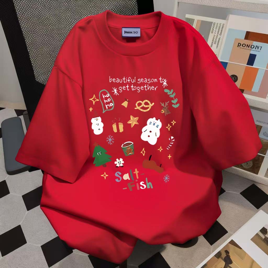 (จัดส่งตลอด 24 ชั่วโมง)Woo Right เสื้อยืดแขนสั้นคริสมาสต์บุคลิกภาพสร้างสรรค์ diy พิมพ์ลายเสื้อผ้าวัยรุ่นไม่หดตัว