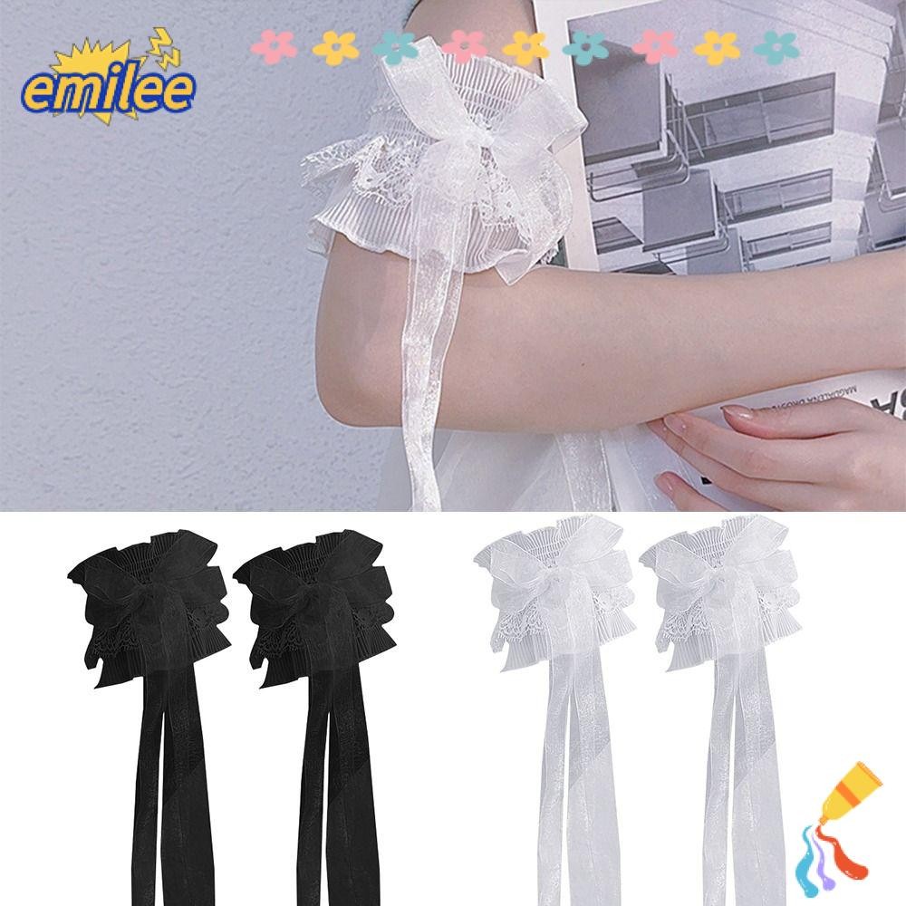 Emilee ปลอกแขน, Bowknot Hand Sleeve Arm Cover, Arm Warmers Lolita Maid คอสเพลย์ยาวริบบิ้น Ruffled ดอกไม้ Layered ลูกไม้แขน Cuffs เจ้าสาว