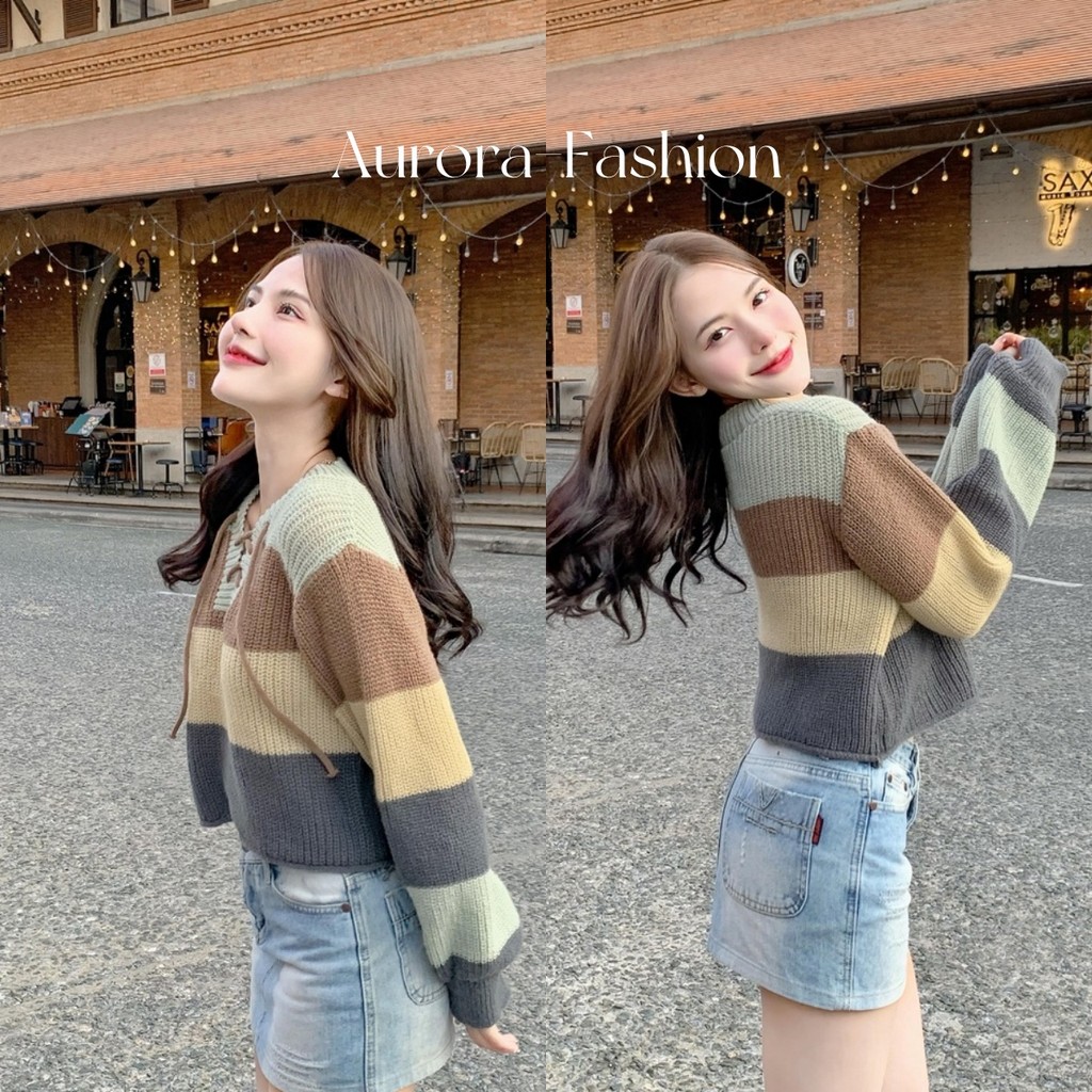 Aurora 🛒พร้อมส่ง🚚 เสื้อไหมพรม แขนยาว ครอปไหมพรม ลายทางสุดสวย สีเขียวน้ำตาลเท่ๆ moss green ดีมาก