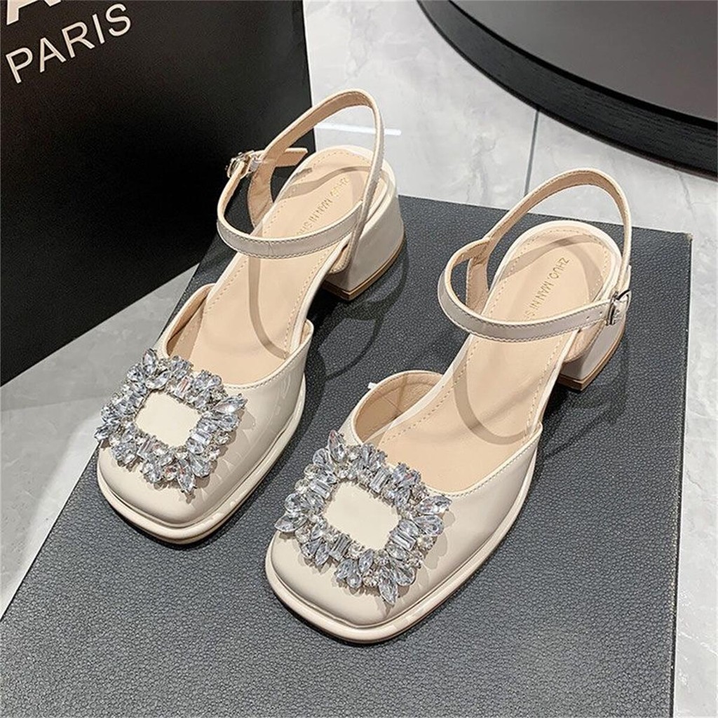 หัวสแควร์ ส้นหยาบ รองเท้าแตะผู้หญิงแฟชั่น พื้นสูง2นิ้ว ตกแต่ง Rhinestone รองเท้าแมรี่เจน ดีไซด์สวยและใส่สบาย