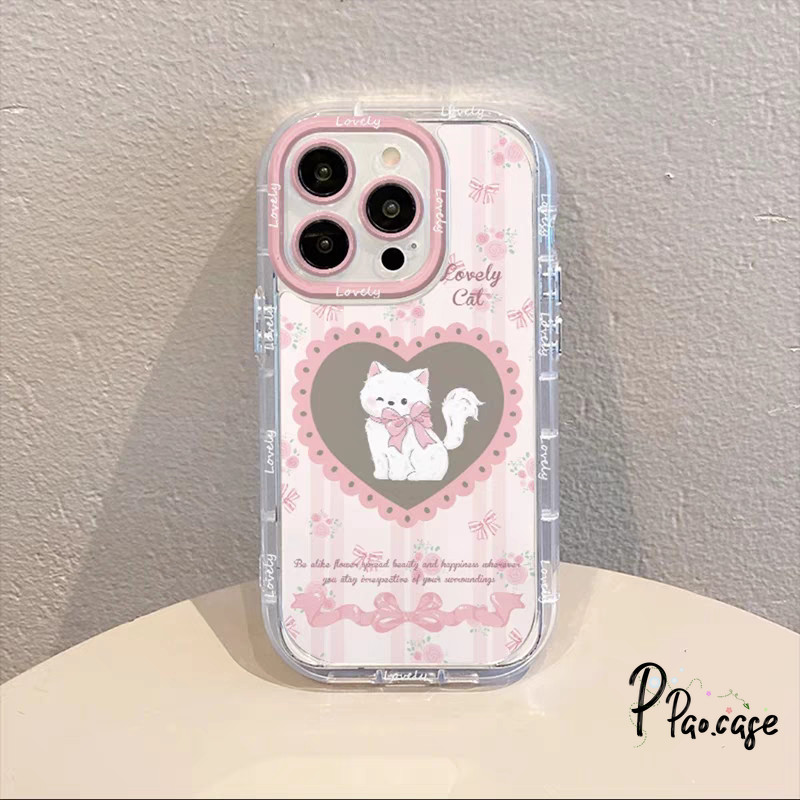 โบว์สีชมพูลูกแมวน่ารักเข้ากันได้เคสไอโฟน 11 16 13 15 XR 14 12 Pro Max 16 Pro 16 8 7 Plus X XS Max SE แฟชั่นรักหัวใจเคส