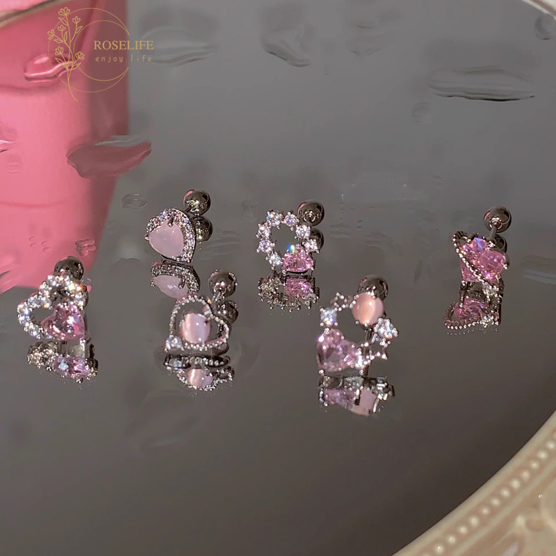 Roselife เกาหลี 1 Pc S925 เงินสีชมพูคริสตัลหัวใจ Planet รอบบอลสกรูต่างหูผู้หญิง Pierced หู Studs เครื่องประดับ
