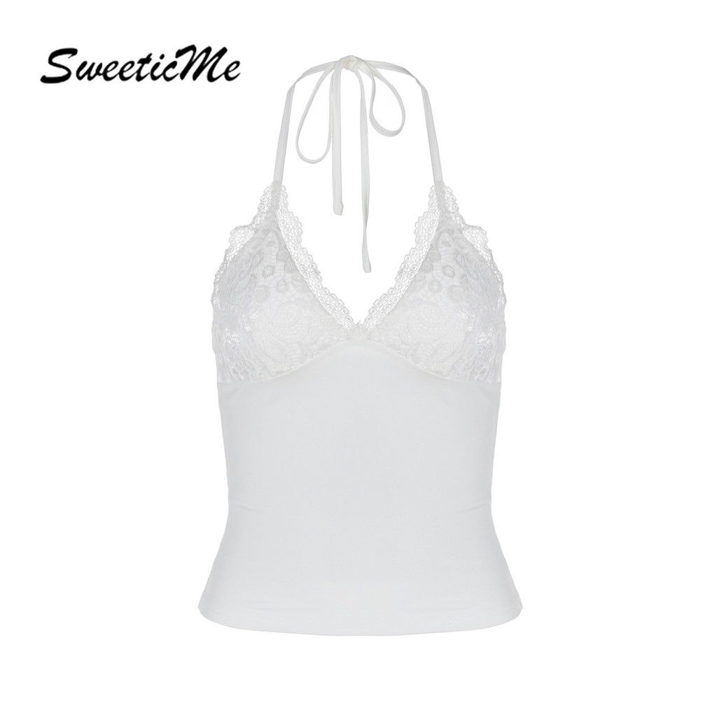 Sweeticme ผู้หญิง 2024 ใหม่แฟชั่นเซ็กซี่ลูกไม้ขอบ Lacing สีทึบทั้งหมดตรงกับ Halter เสื้อกล้าม Camisole