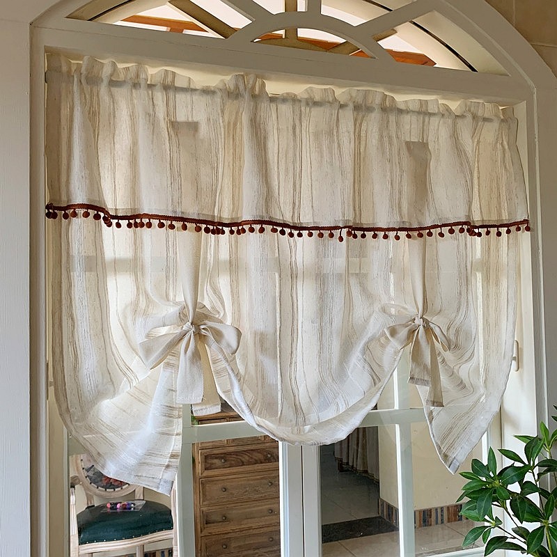 Bohemian แนวตั้งลาย Neutral Sheer Tie Up ผ้าม่านสําหรับห้องครัวยกชั้นบอลลูนผ้าม่านโรมันตาบอดสําหรับหน้าต่างขนาดเล็ก Cafe ระเบียง Rod กระเป๋า