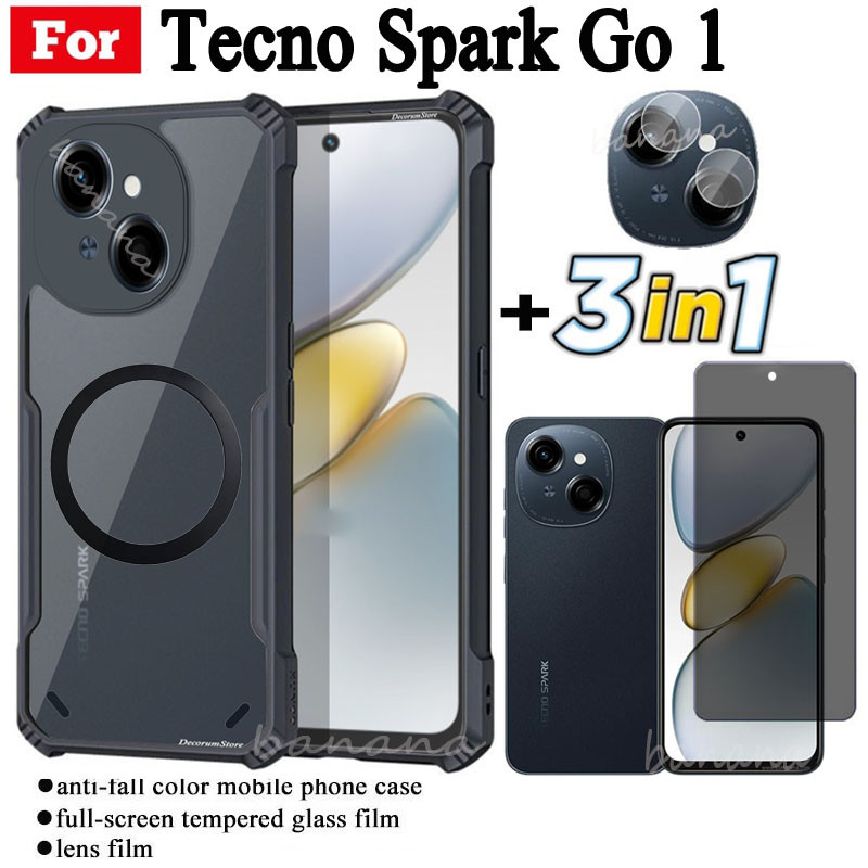 3 in 1 Tecno Spark Go 1 เคสโทรศัพท์กันกระแทกพร้อมสติกเกอร์ชาร์จไร้สายแม่เหล็กสําหรับ Tecno Spark 20C 20 Pro Anti Spy Privacyกระจกนิรภัยป้องกันหน้าจอและฟิล์มเลนส์