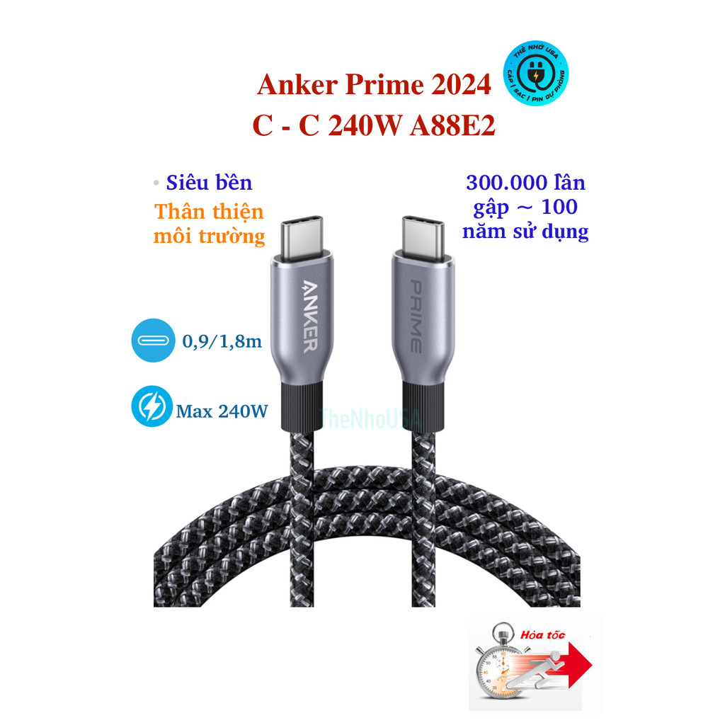 Anker Prime 2024 สายชาร์จเร็ว USB C to C 240W สายไฟทนทานสุดเป็นมิตรกับสิ่งแวดล้อม 100 ปี A88E2