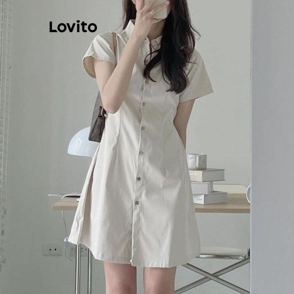 Lovito เดรสผู้หญิง สไตล์ลำลอง สีพื้น กระดุมหน้า เบสิก LNE33084 (สีกากี/ออฟไวท์)