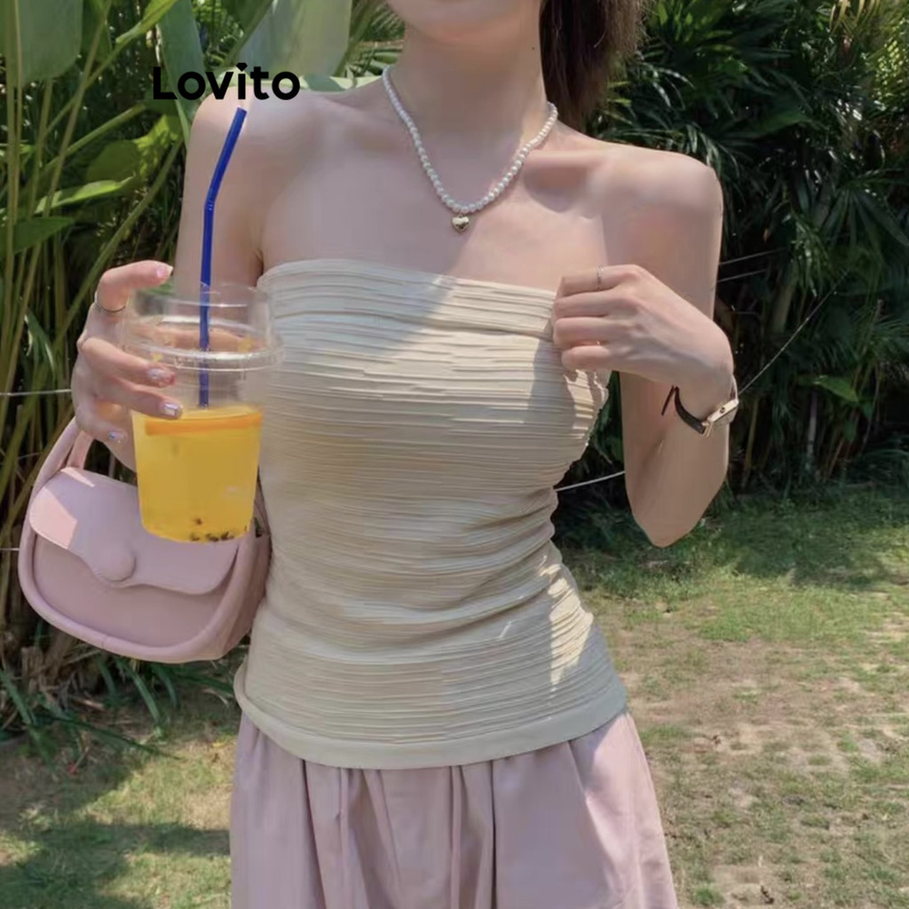 Lovito เสื้อแขนกุด จับจีบ สีพื้น สไตล์ลำลอง สำหรับผู้หญิง LNA17171 (สีแอปริคอท/สีดำ)