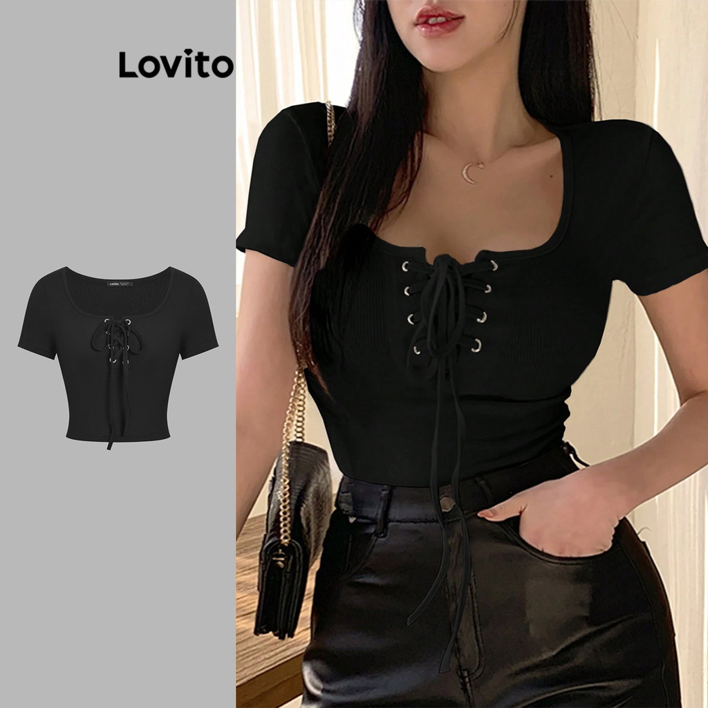 Lovito เสื้อยืดลำลองตาไก่ผูกเสื้อผ้าด้านหน้าสำหรับผู้หญิง L106AD086