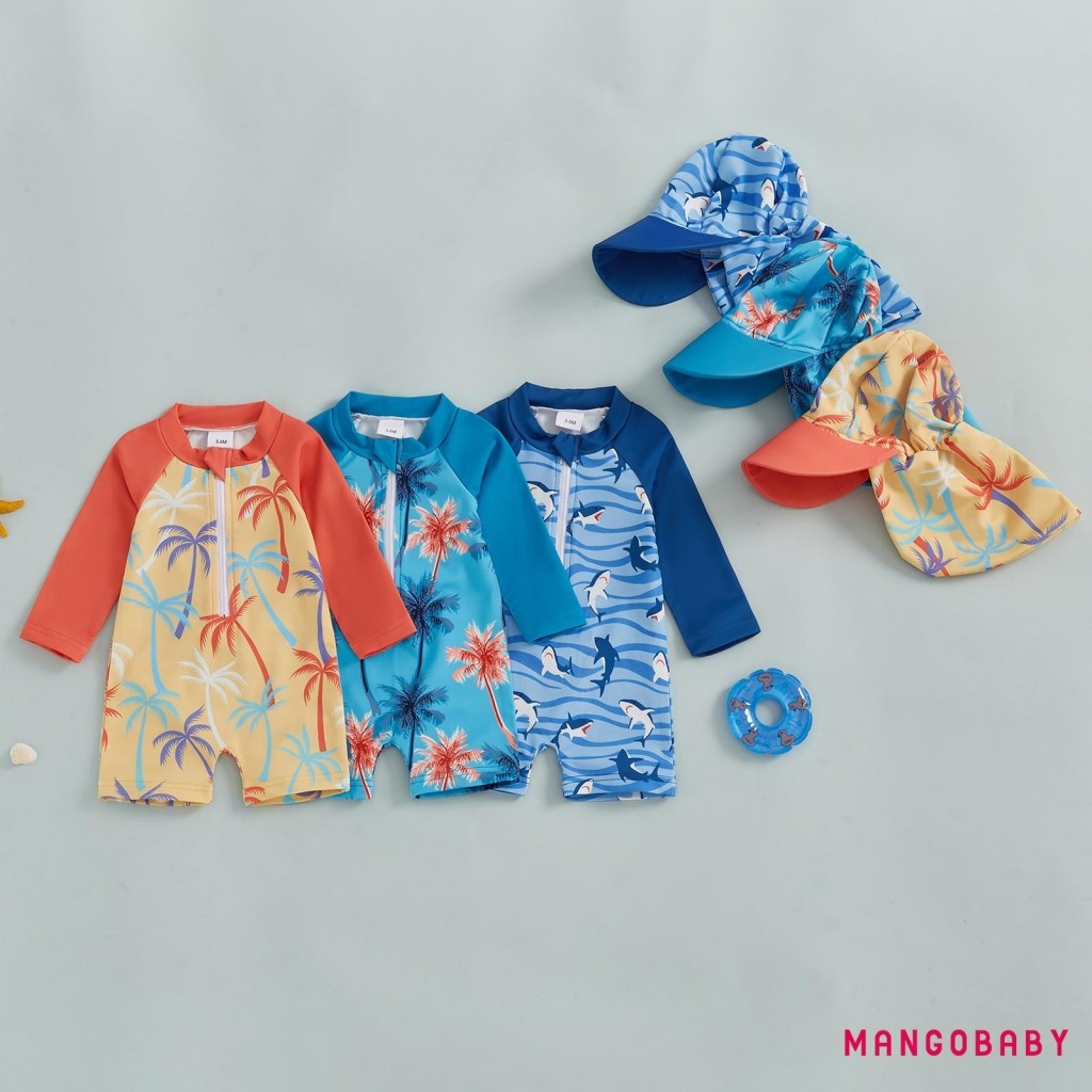 Mg-toddler Boys Rash Guard ชุดว่ายน้ําต้นมะพร้าวพิมพ์แขนยาวซิปชุดว่ายน้ําพร้อมหมวกว่ายน้ํา