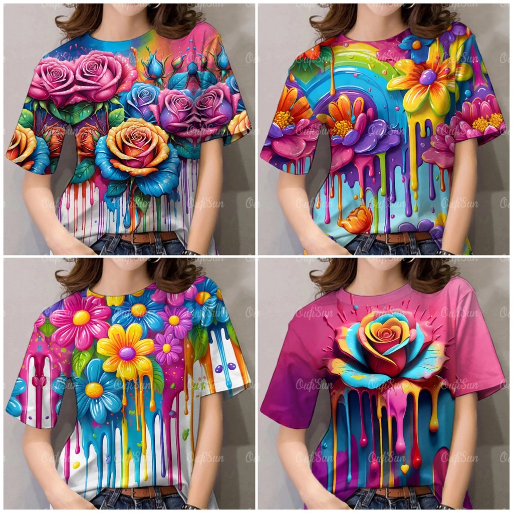 เสื้อยืดลายดอกไม้สีรุ้งสําหรับผู้หญิงสีสดใสคอกลมด้านบนแฟชั่นหลวมขนาดใหญ่เสื้อสวมหัวเสื้อยืดสําหรับผู้หญิง 2025 ใหม่เสื้อผ้าสตรี
