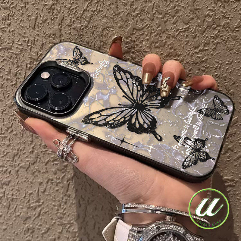 แฟชั่นย้อนยุคผีเสื้อสีดำดูเดิลเลนส์โลหะ เคส OPPO A18 A5s A55 A78 A53 A31 A77 A54 A12 A38 A15 A77s A16 A57 A58 A3s A11
