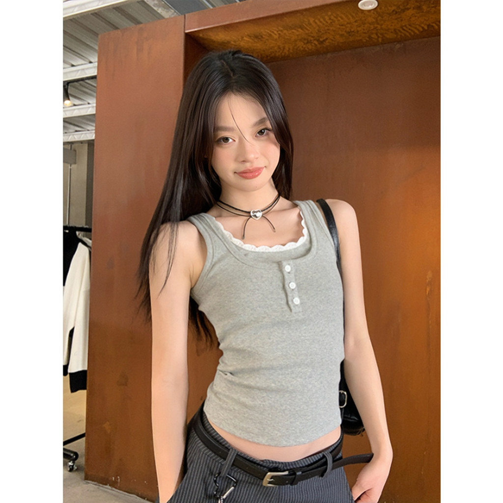 Fariy🍒คลังสินค้าพร้อม🍒เสื้อกั๊กลูกไม้ปลอมสองชิ้นสำหรับผู้หญิงฤดูร้อนสไตล์ใหม่พอดีตัวสไตล์สาวฮอตสั้น - รูปที่ 7