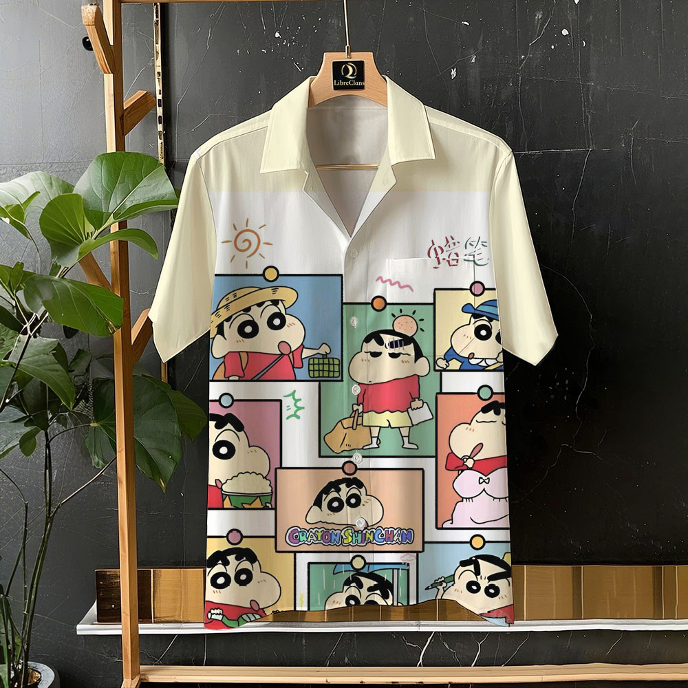 ดินสอสี หน้าแข้ง-ชาน น่ารักอะนิเมะตลกเสื้อฮาวายวันหยุดสบายๆเสื้อแขนสั้นด้านบนกับการออกแบบกระเป๋าสบายระบายอากาศเสื้ออเนกประสงค์ขนาดใหญ่ ส-5เอ็กแอล