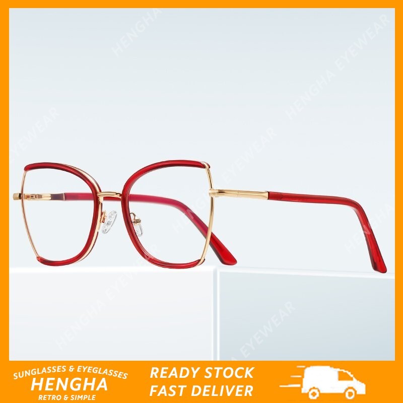 (HENGHA) แว่นตาโลหะครึ่งกรอบทรงสี่เหลี่ยมสีแดง TR90 แว่นตาออปติคอลป้องกันแสงสีฟ้าคุณภาพสูง
