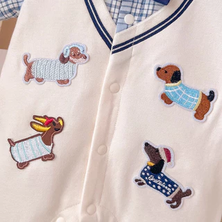 ฤดูร้อนใหม่เสื้อผ้าเด็กชายและหญิงผ้าฝ้ายแขนสั้นบอดี้สูท 0-24 เดือนเด็ก สุด ๆ หล่อสุดน่ารักการ์ตูนลูกสุนัขประกบออกแบบวิทยาลัยสไตล์ ชุดรอมเปอร์