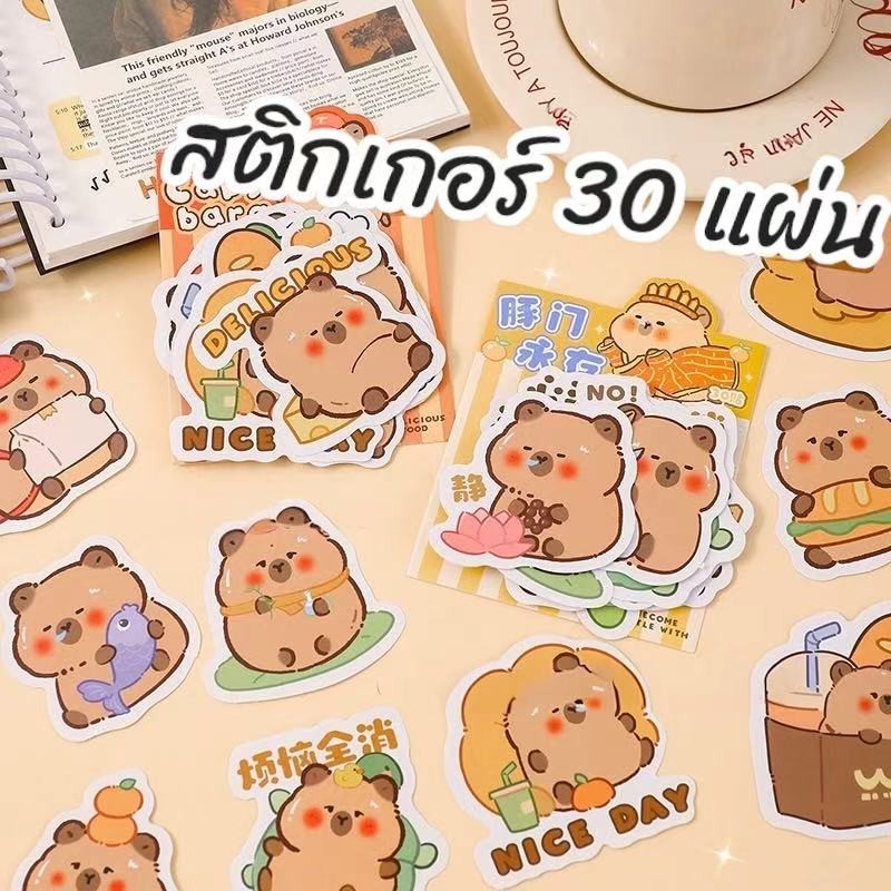 พร้อมส่ง สติกเกอร์คาปิบาร่าแบบแพค (30 แผ่น) ลายน่ารัก แผ่นใหญ่ ใช้ติดสติกเกอร์ DIY ได้หลากหลาย