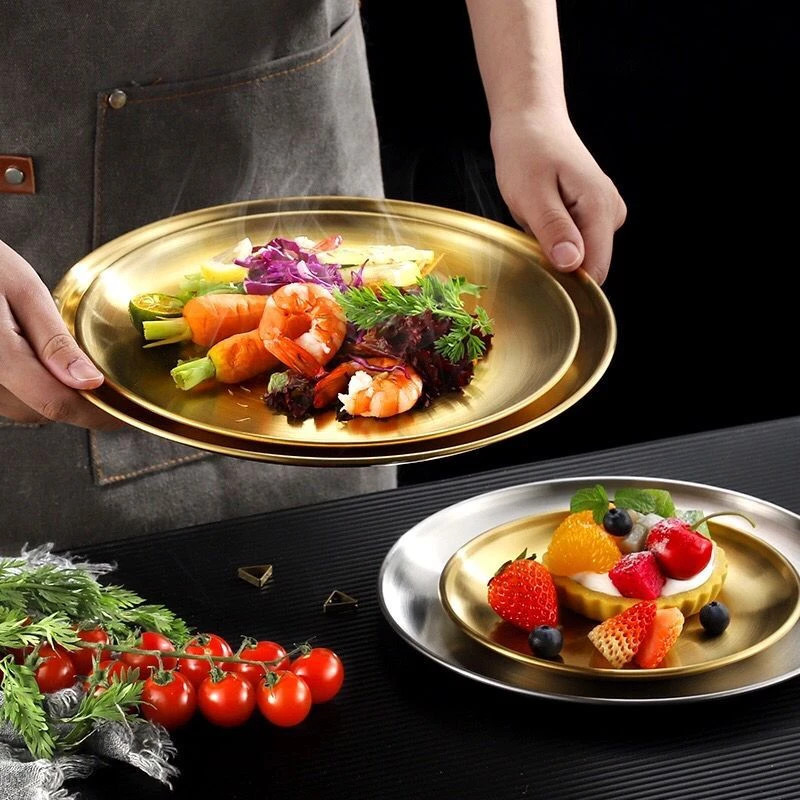 จานสแตนเลส304 สไตล์เกาหลี จานกลม ทอง/เงิน หลายขนาด ถาดรองแก้วใส่ขนม - รูปที่ 3