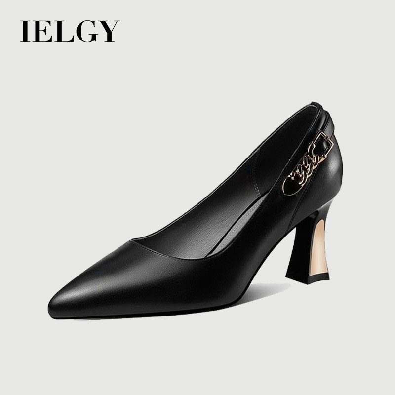 IELGY ตื้นส้นหนาหนังนุ่มรองเท้าส้นสูงสีดําชี้มืออาชีพอเนกประสงค์ผู้หญิง