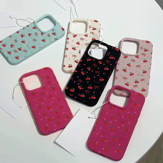 เคส For iPhone 13 เคสหนังเนื้อนิ่มสีแคนดี้ รูปแบบเชอร์รี่🍒For iPhone 15 16 13 14 12 11 Pro Max XS XR 7P 8P เคสหนัง Case