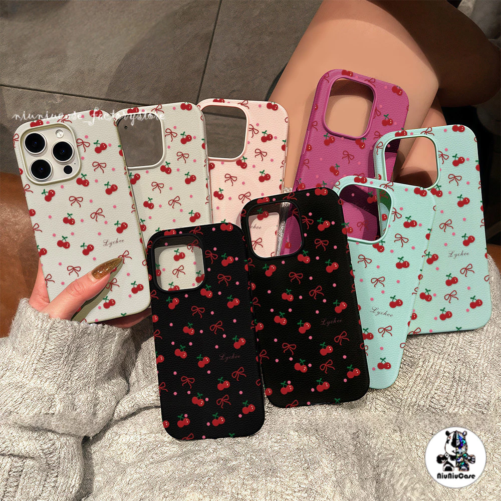 เคส For iPhone 13 เคสหนังเนื้อนิ่มสีแคนดี้ รูปแบบเชอร์รี่🍒For iPhone 15 16 13 14 12 11 Pro Max XS XR 7P 8P เคสหนัง Case