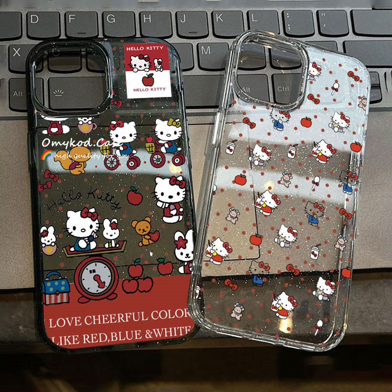ปลอก ใช้ได้กับ iPhone 11 16 15 14 13 12 Pro Max 7 8 Plus X XR XS Max Flash Powder Clear เคสโทรศัพท์คู่ Ins Red Apple Hello Kitty Anti Drop ฝาครอบป้องกันกันกระแทก
