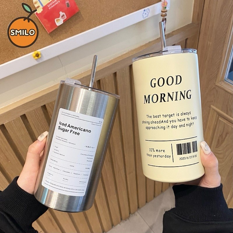 SMILO แก้วกาแฟ สเตนเลส พร้อมหลอดดูด ขนาด 600 มล. ขวดน้ําสเตนเลส กระติกน้ําร้อน กาแฟ สเตนเลส ความจุขนาดใหญ่