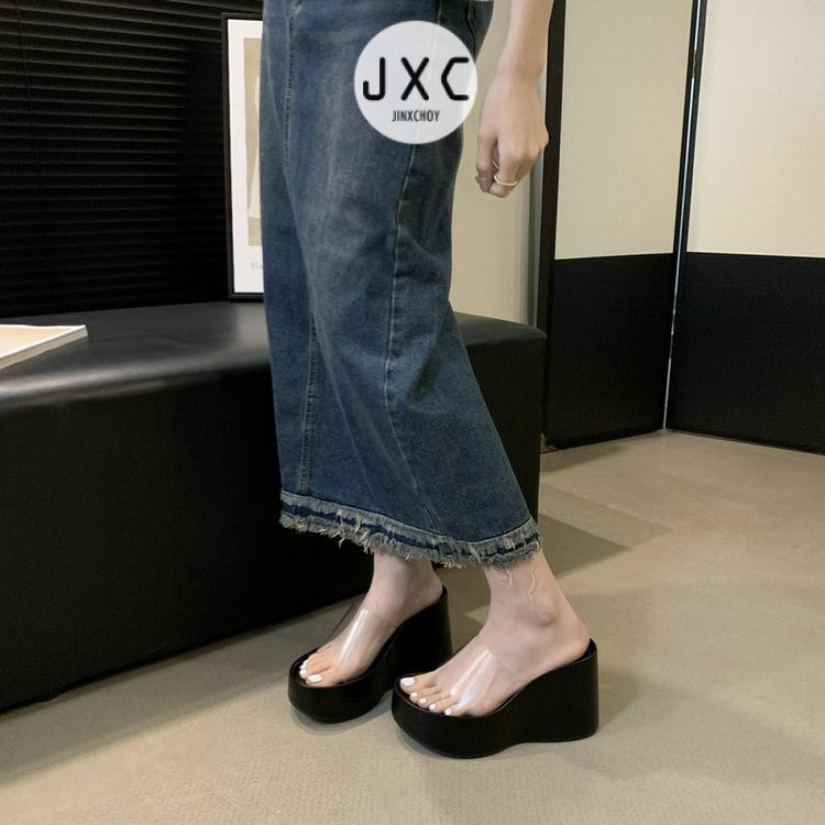 แฟชั ่ นเกาหลี Ulzzang รอบ Toe Super รองเท ้ าส ้ นสูงโปร ่ งใสเปิดนิ ้ วเท ้ ารองเท ้ าแตะ PU สีทึบแฟชั ่ นสุภาพสตรีความสูงฤดูร ้ อน All-Match วันหยุดพักผ ่ อน Sli