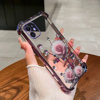 เคสสําหรับ iPhone 11 12 pro max 12 mini เคสโทรศัพท์สีชมพูดอกตูมสี่มุมซิลิโคน TPU นิ่มโปร่งใส ﻿ดีซ