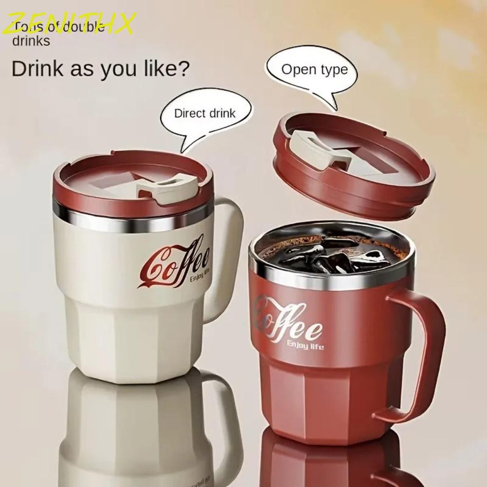 แก้วกาแฟ ZENITHX, แก้วเก็บความร้อนสแตนเลส 304 ขนาด 400 มล., แบบพกพาป้องกันการรั่วไหลพร้อมฝาปิดและที่จับสํานักงานถ้วยน้ําฉนวนแบบใช้ซ้ําได้