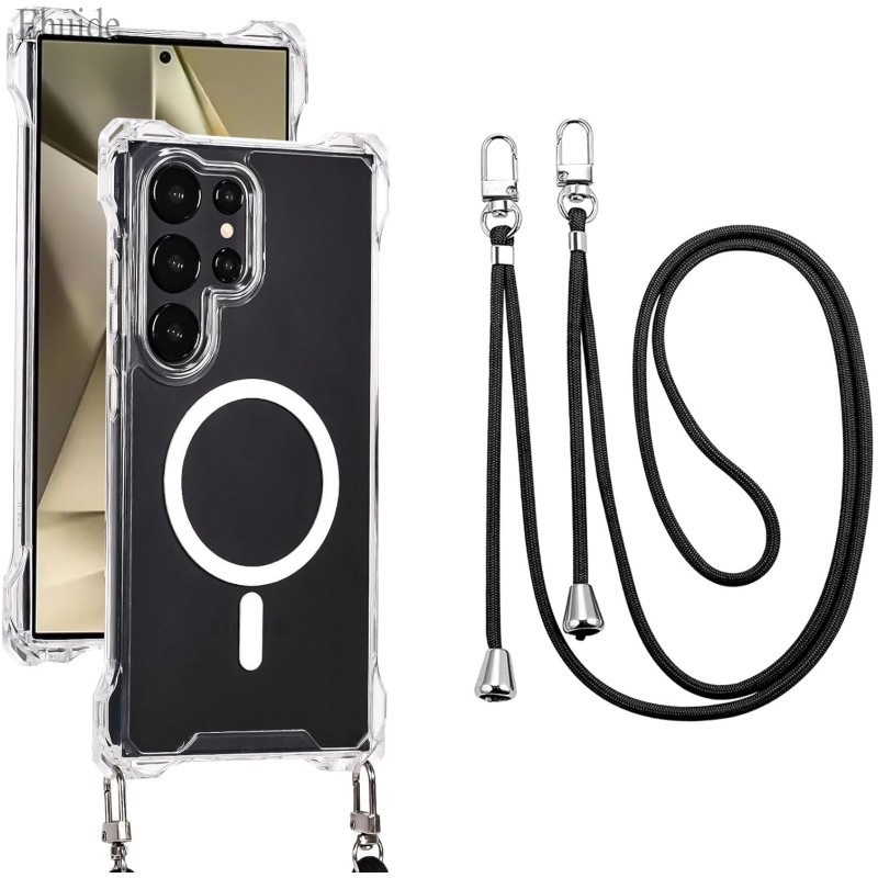 Samsung Galaxy S24 Ultra S24 S23 Plus เคสกันกระแทก Magnetic Crossbody Lanyard สายไฟเชือกใสฝาหลัง