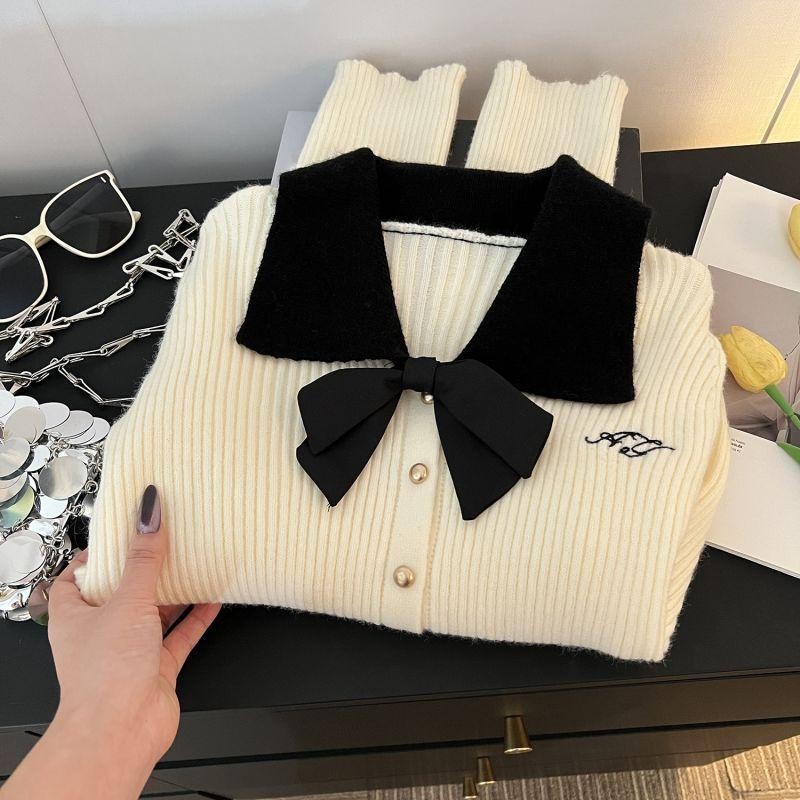 Chemisegrace N080 โบว์ถักเสื้อสเวต เตอร์ถักฤดูใบไม้ร่วงและฤดูหนาวของผู้หญิง เสื้อคาร์ดิแกนไหมพรมแขนยาว กระดุมหน้า