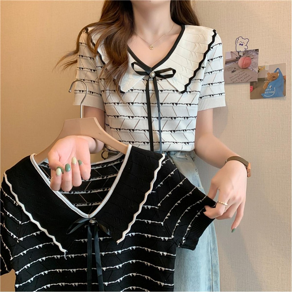 DODO#พร้อมส่ง เสื้อถักไหมพรม ลายทางแขนสั้น คอปกแต่งโบว์ริบบิ้นผ้าใส่สบาย สุดน่ารักง #67209Women Lady Clothing ผู้หญิง