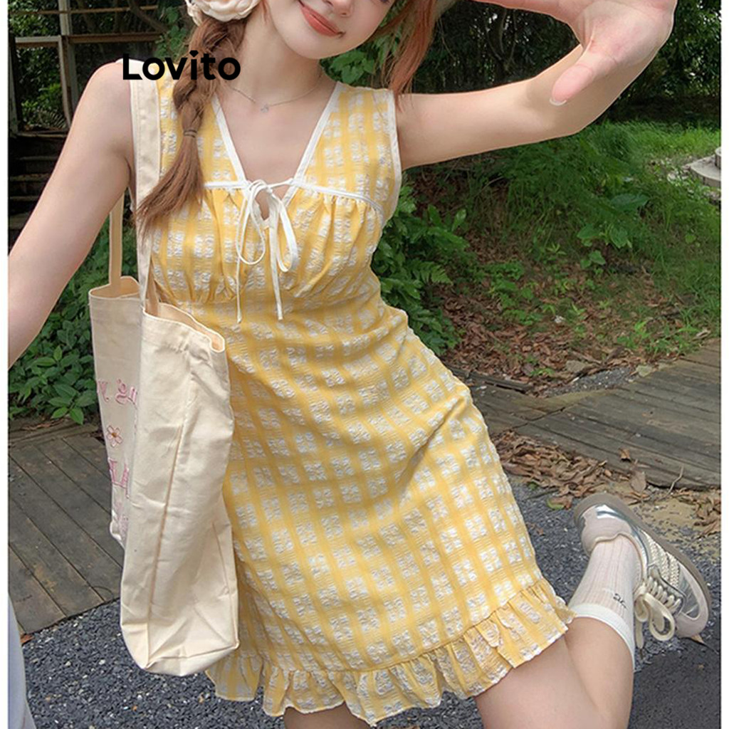 Lovito ชุดเดรสผู้หญิง ลายตาราง สไตล์ลำลอง LNA68112