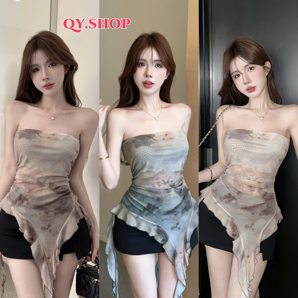 QY.Shop⭐️ ผ้าซรีทรู ลายมัดย้อม เกาหลีสไตล์ ปลายเฉียงเซ็กซี่เบาๆ "FY2641"