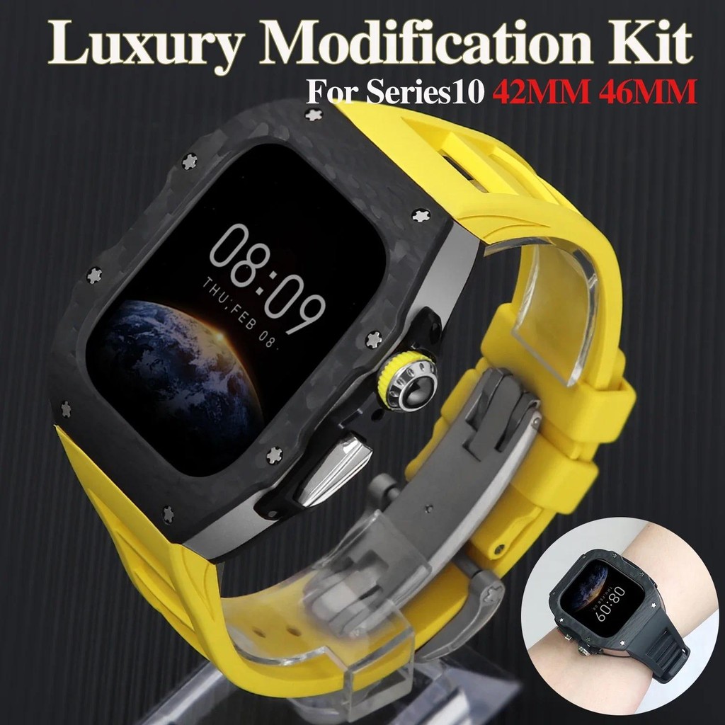 Luxury Refit การปรับเปลี่ยนชุดคาร์บอนไฟเบอร์สายยางสําหรับ apple Watch Series 10 42 มม.46 มม.IWatch 1